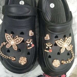 Brand New Beautiful,Gold and Black Croks Mules with Decorative CharmsSize 8,9,10